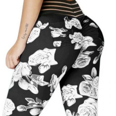 leggings size Small women’s High Waisted Full Length Scrunch Bum Floral Black